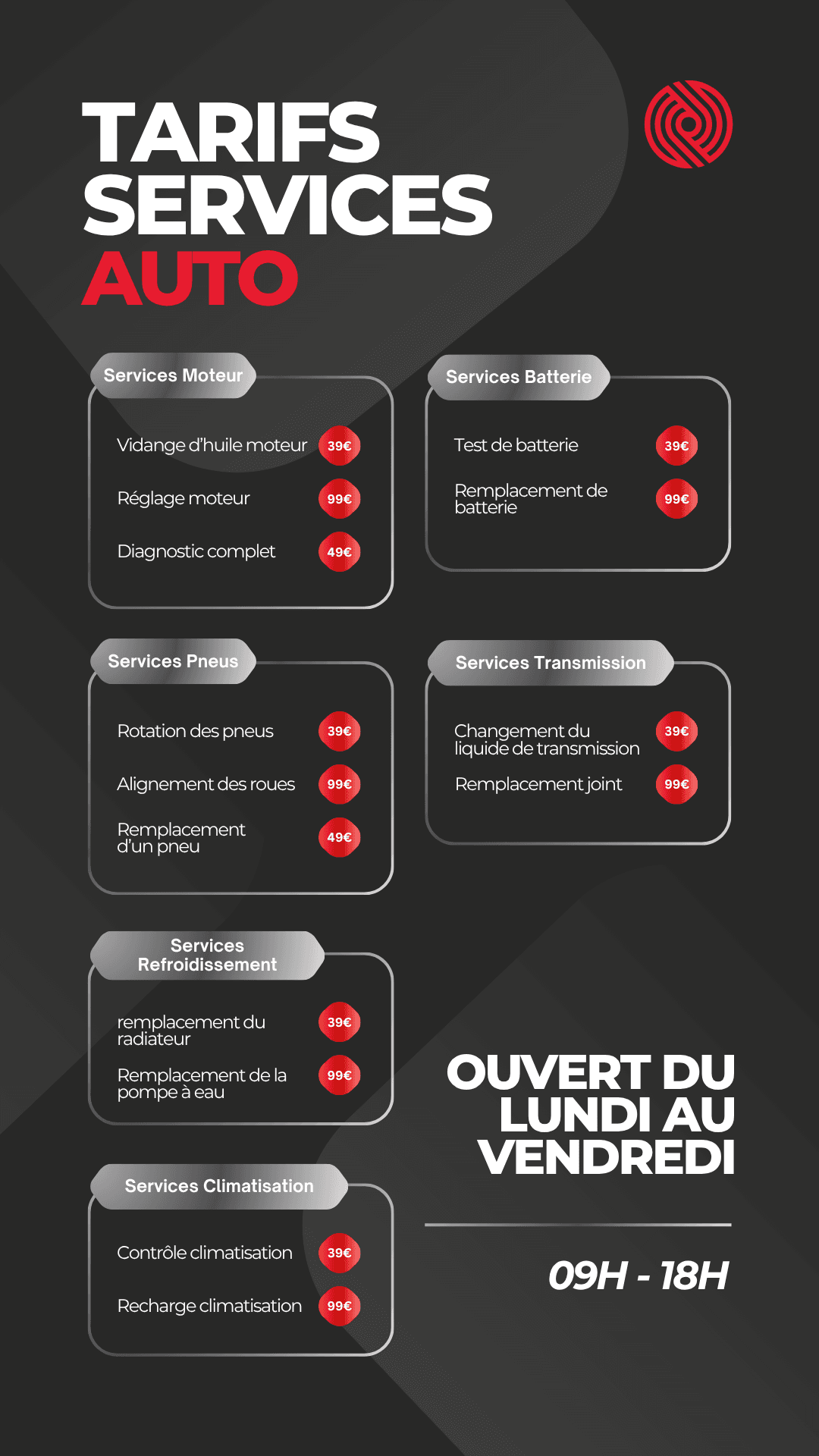 Tableau des tarifs
